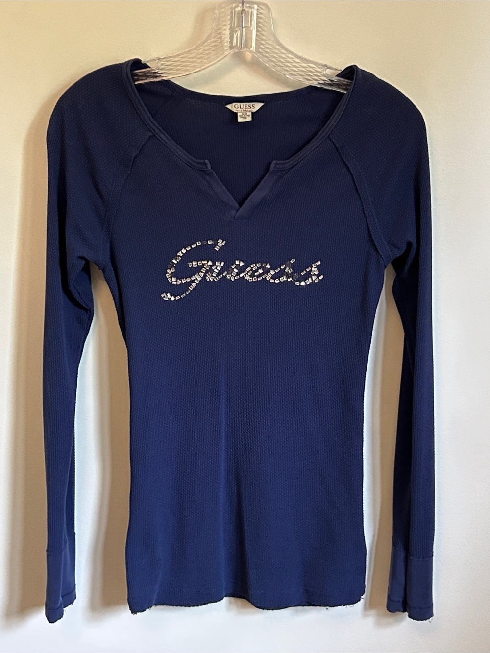 GUESS Navy Long-Sleeve Rhinestone Logo Top